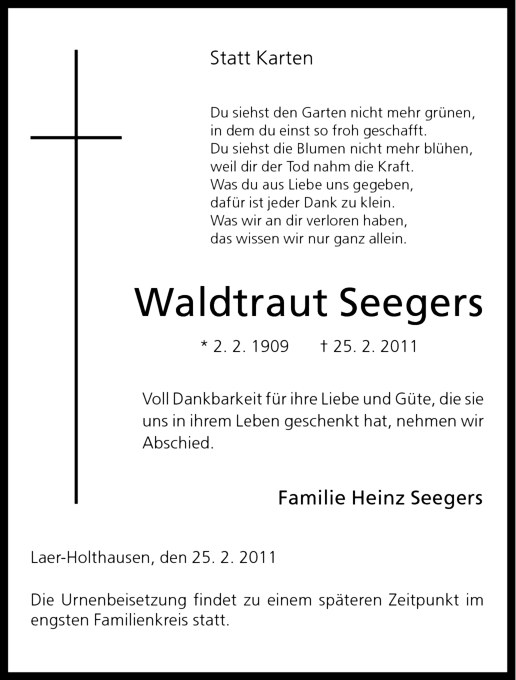  Traueranzeige für Waldtraut Seegers vom 28.02.2011 aus Westfälische Nachrichten