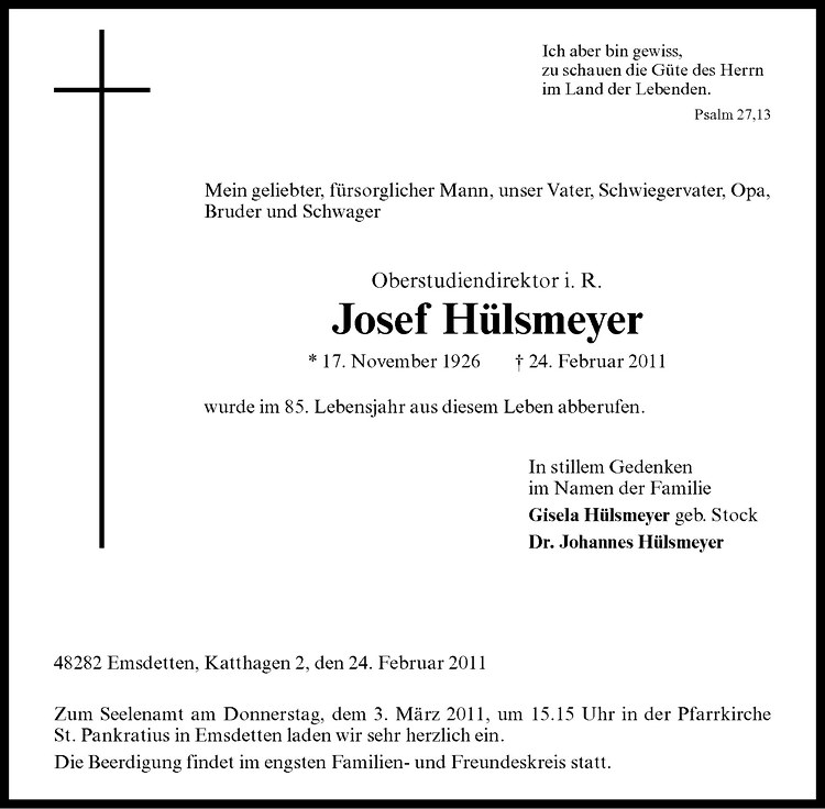  Traueranzeige für Josef Hülsmyer vom 28.02.2011 aus Westfälische Nachrichten