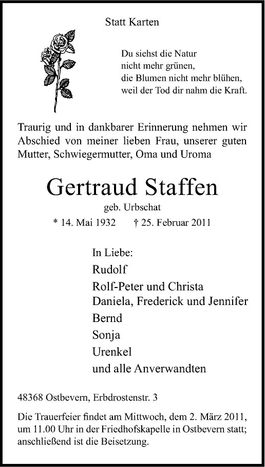  Traueranzeige für Gertraud Staffen vom 28.02.2011 aus Westfälische Nachrichten