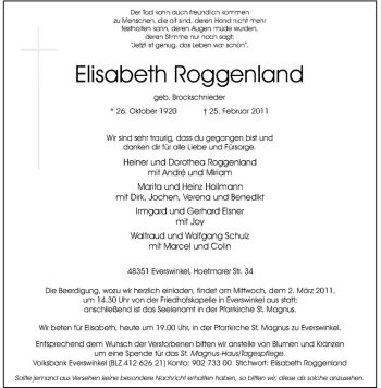 Anzeige von Elisabeth Roggenland von Westfälische Nachrichten