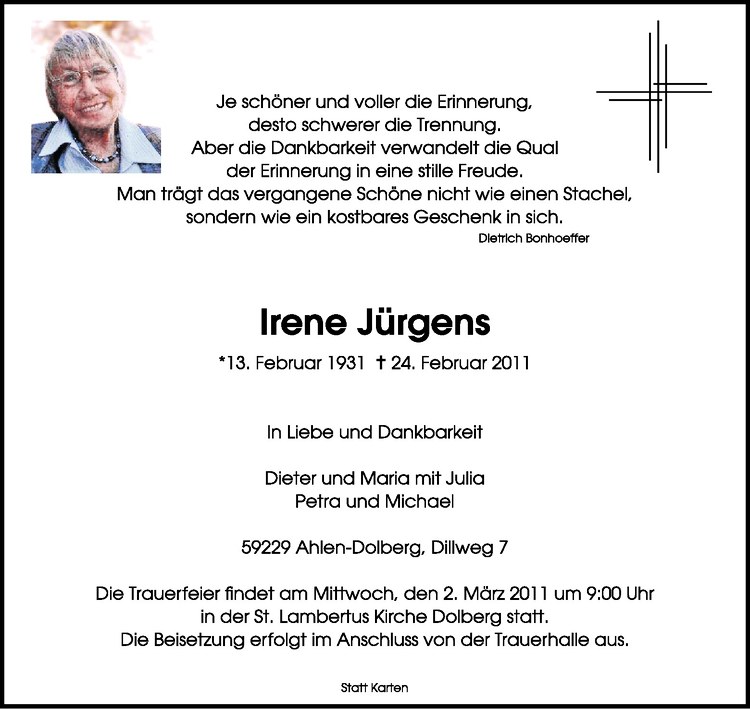  Traueranzeige für Irene Jürgens vom 28.02.2011 aus Westfälische Nachrichten