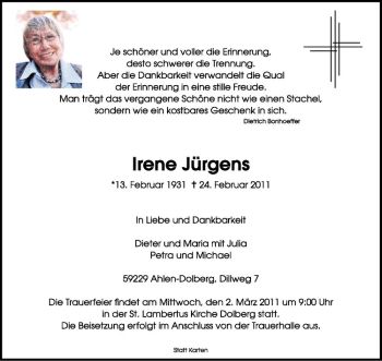 Anzeige von Irene Jürgens von Westfälische Nachrichten