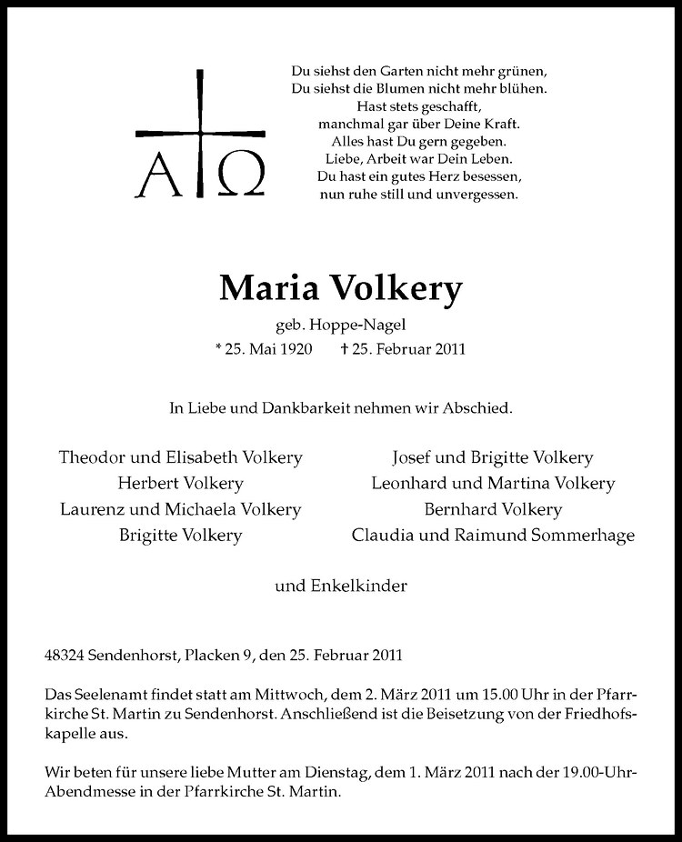  Traueranzeige für Maria Volkery vom 28.02.2011 aus Westfälische Nachrichten