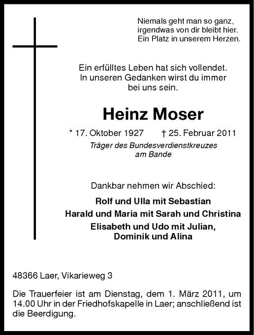  Traueranzeige für Heinz Moser vom 28.02.2011 aus Westfälische Nachrichten