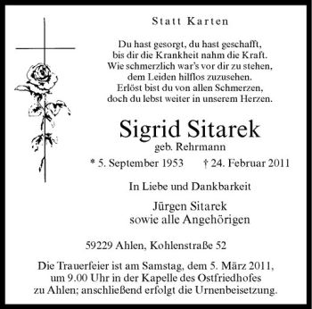 Anzeige von Sigrid Sitarek von Westfälische Nachrichten