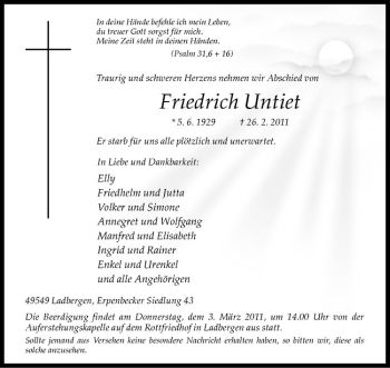 Anzeige von Friedrich Untiet von Westfälische Nachrichten