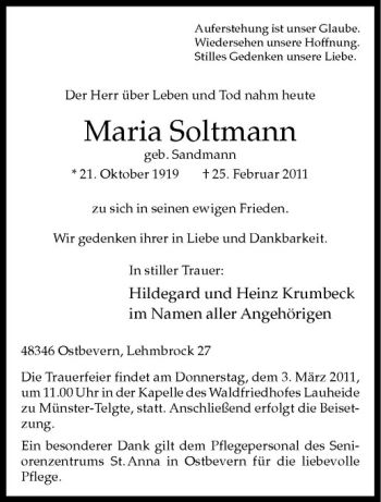 Anzeige von Maria Soltmann von Westfälische Nachrichten