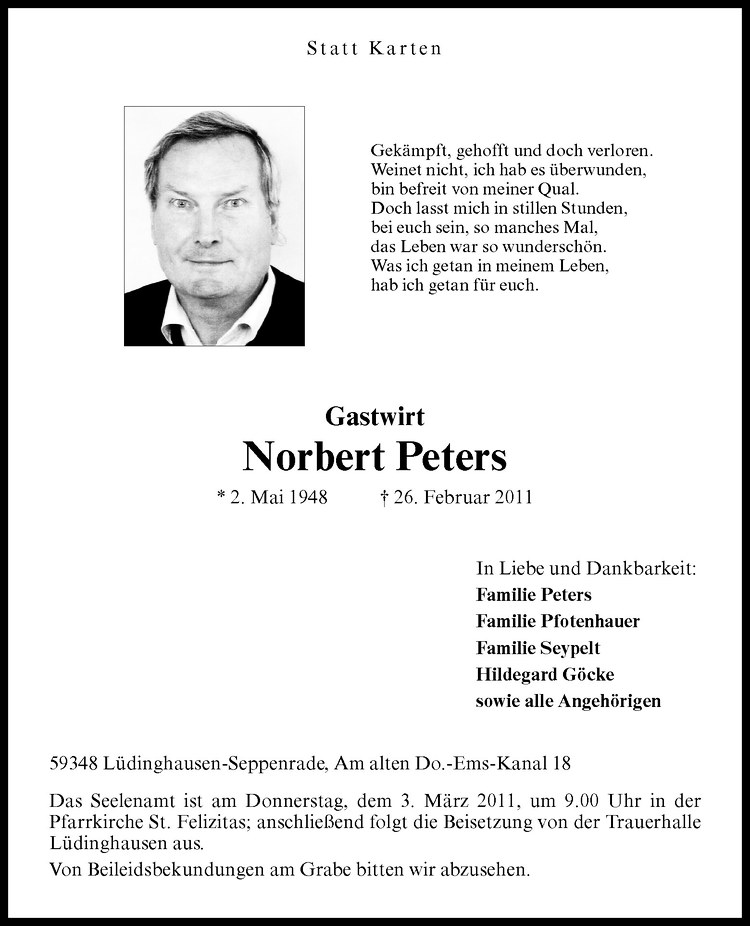  Traueranzeige für Norbert Peters vom 01.03.2011 aus Westfälische Nachrichten