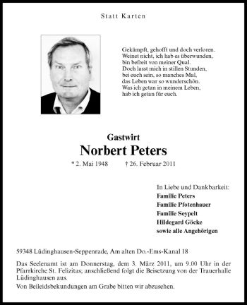 Anzeige von Norbert Peters von Westfälische Nachrichten