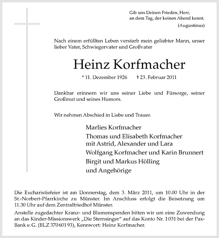  Traueranzeige für Heinz Korfmacher vom 01.03.2011 aus Westfälische Nachrichten