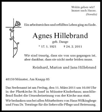 Anzeige von Agnes Hillebrand von Westfälische Nachrichten