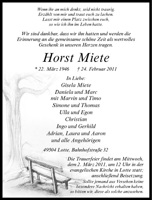 Traueranzeige für Horst Miete vom 01.03.2011 aus Westfälische Nachrichten
