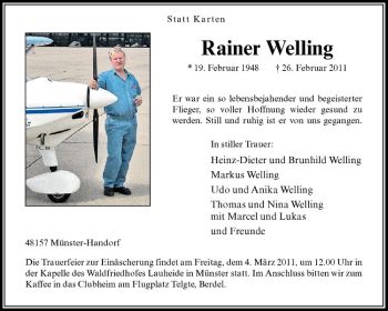 Anzeige von Rainer Welling von Westfälische Nachrichten