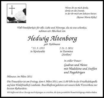 Anzeige von Hedwig Altenborg von Westfälische Nachrichten