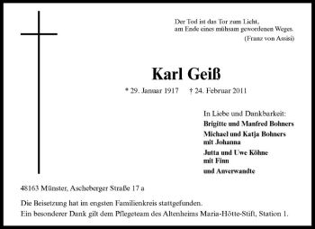 Anzeige von Karl Geiß von Westfälische Nachrichten