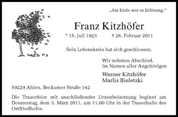 Anzeige von Franz Kitzhöfer von Westfälische Nachrichten