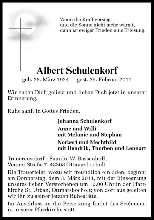  Traueranzeige für Albert Schulenkorf vom 01.03.2011 aus Westfälische Nachrichten