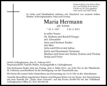 Anzeige von Maria Hermann von Westfälische Nachrichten