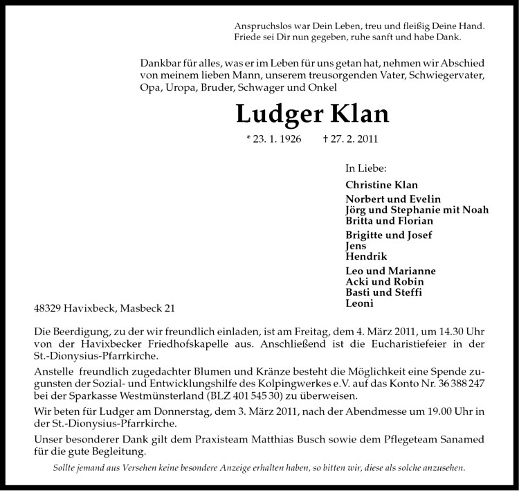  Traueranzeige für Ludger Klan vom 01.03.2011 aus Westfälische Nachrichten