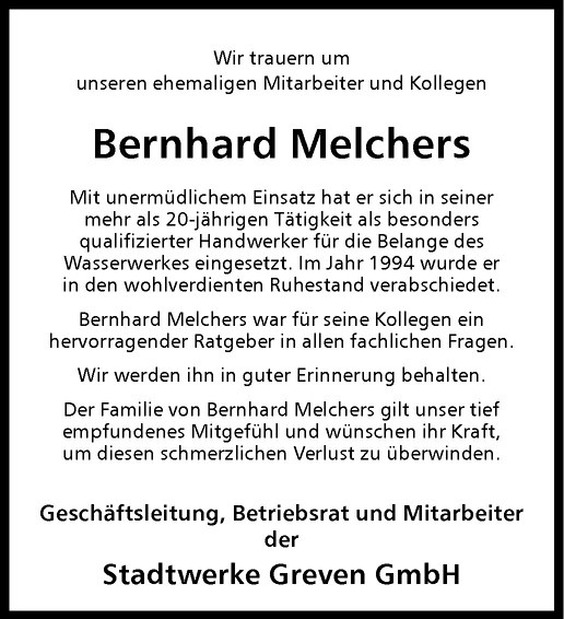  Traueranzeige für Bernhard Melchers vom 02.03.2011 aus Westfälische Nachrichten