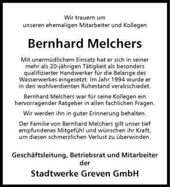 Anzeige von Bernhard Melchers von Westfälische Nachrichten