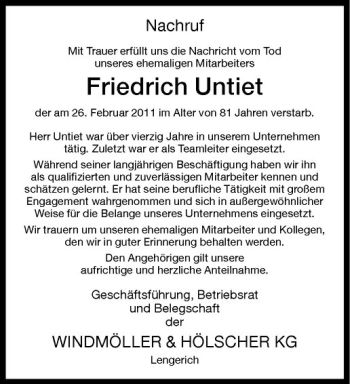 Anzeige von Friedrich Untiet von Westfälische Nachrichten