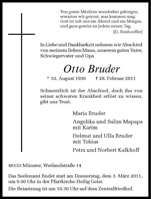  Traueranzeige für Otto Bruder vom 02.03.2011 aus Westfälische Nachrichten