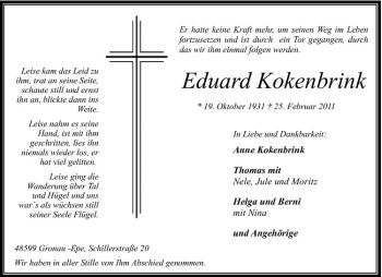 Anzeige von Eduard Kokenbrink von Westfälische Nachrichten