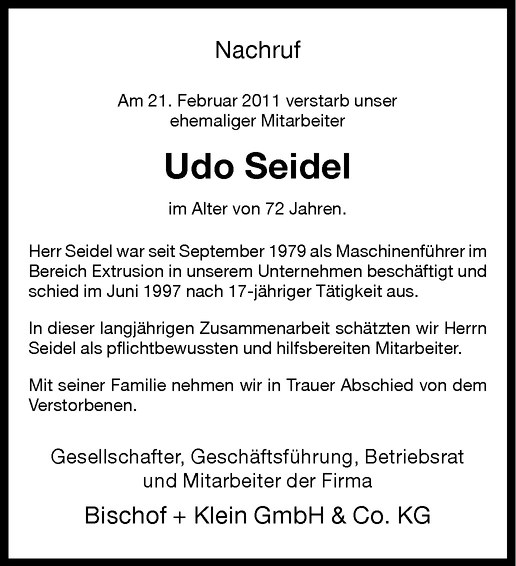  Traueranzeige für Udo Seidel vom 02.03.2011 aus Westfälische Nachrichten