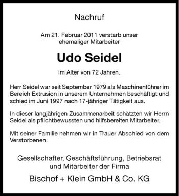Anzeige von Udo Seidel von Westfälische Nachrichten