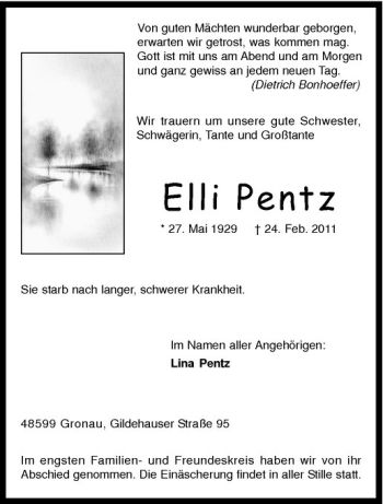 Anzeige von Elli Pentz von Westfälische Nachrichten