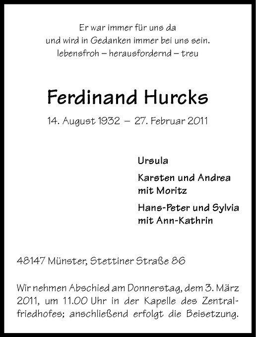  Traueranzeige für Ferdinand Hurcks vom 02.03.2011 aus Westfälische Nachrichten