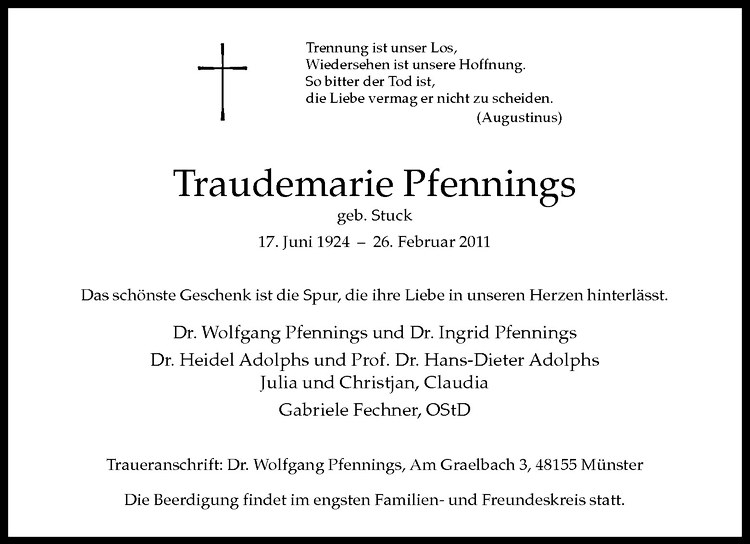  Traueranzeige für Traudemarie Pfennings vom 02.03.2011 aus Westfälische Nachrichten
