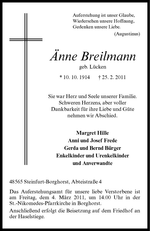 Traueranzeige für Änne Breilmann vom 02.03.2011 aus Westfälische Nachrichten