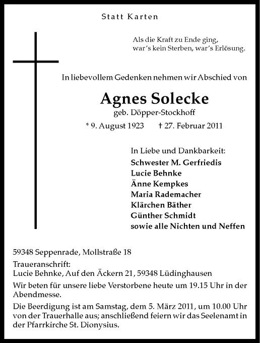  Traueranzeige für Agnes Solecke vom 02.03.2011 aus Westfälische Nachrichten