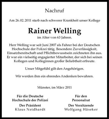 Anzeige von Rainer Welling von Westfälische Nachrichten