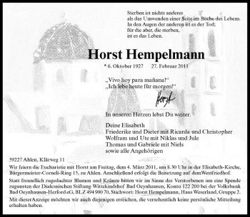 Anzeige von Horst Hempelmann von Westfälische Nachrichten