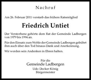 Anzeige von Friedrich Untiet von Westfälische Nachrichten