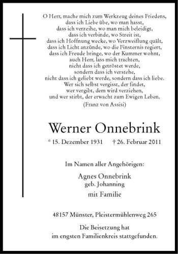 Anzeige von Werner Onnebrink von Westfälische Nachrichten