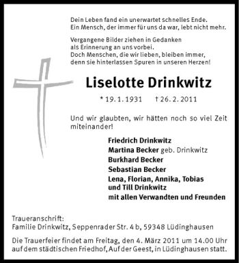Anzeige von Liselotte Drinkwitz von Westfälische Nachrichten