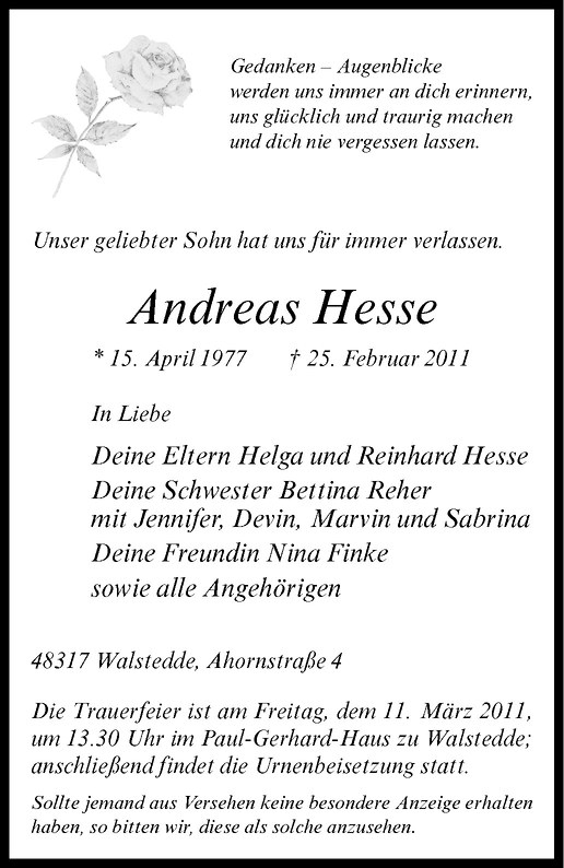  Traueranzeige für Andreas Hesse vom 05.03.2011 aus Westfälische Nachrichten