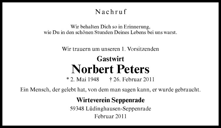  Traueranzeige für Norbert Peters vom 05.03.2011 aus Westfälische Nachrichten
