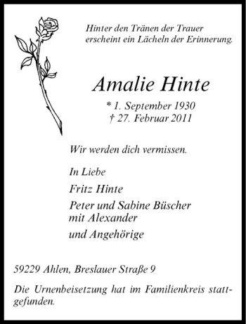 Anzeige von Amalie Hinte von Westfälische Nachrichten