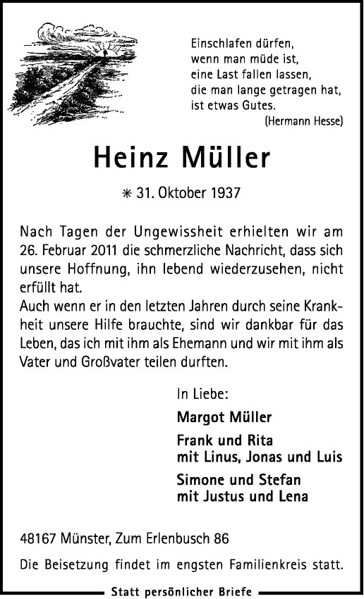  Traueranzeige für Heinz Müller vom 05.03.2011 aus Westfälische Nachrichten