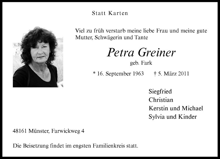  Traueranzeige für Petra Greiner vom 09.03.2011 aus Westfälische Nachrichten