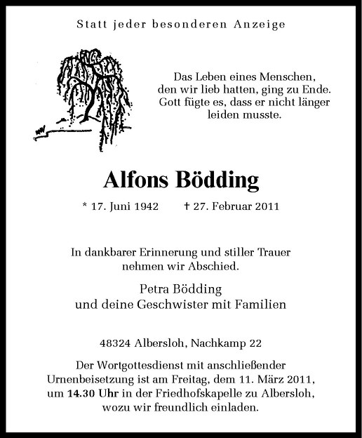  Traueranzeige für Alfons Bödding vom 09.03.2011 aus Westfälische Nachrichten