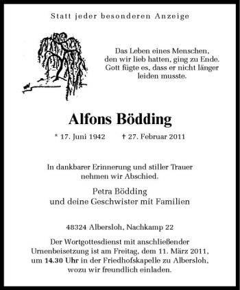 Anzeige von Alfons Bödding von Westfälische Nachrichten