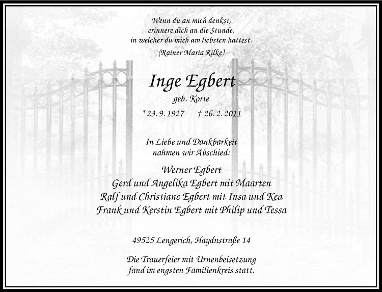  Traueranzeige für Inge Egbert vom 09.03.2011 aus Westfälische Nachrichten