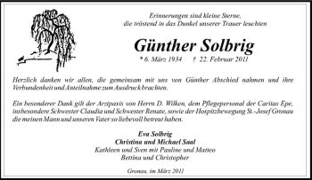 Anzeige von Günther Solbrig von Westfälische Nachrichten