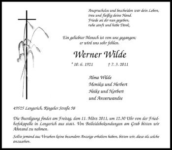 Anzeige von Werner Wilde von Westfälische Nachrichten